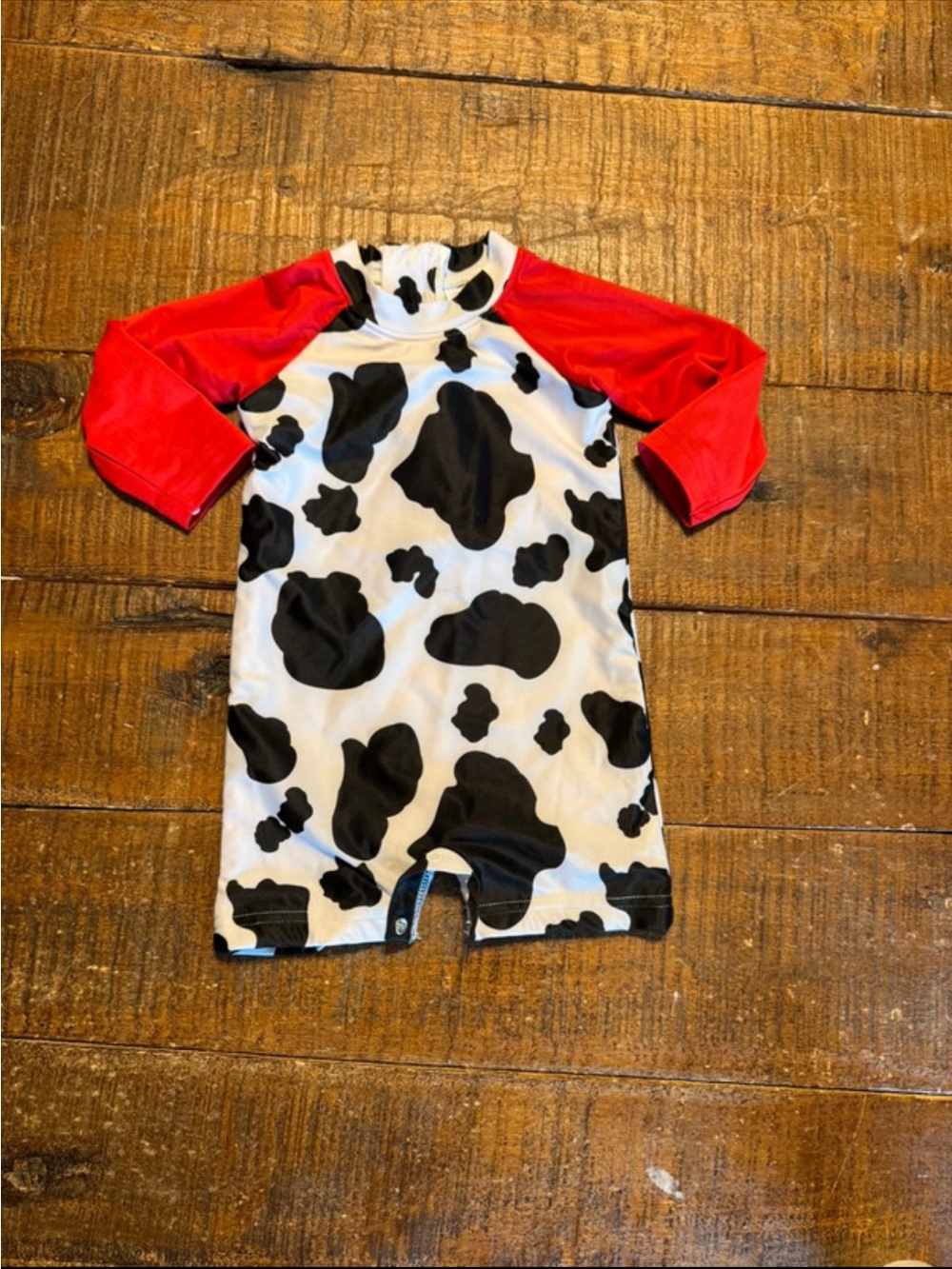 Red Sleeve Cow Print Kids One-Piece Bathing Suit